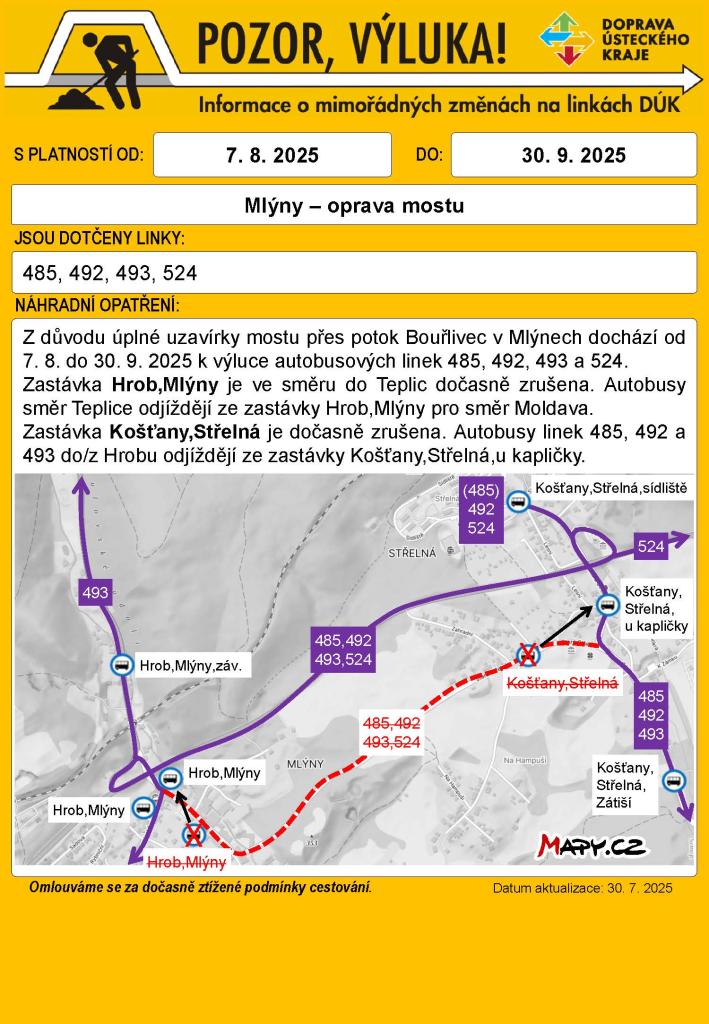 Výluka autobusových linek Střelná - Mlýny